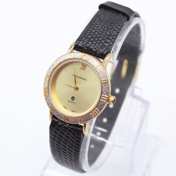 J.B Champion Watch Womens Gold Tone Stainless Steel Classic Black Leather Band - Picture 1 of 6
